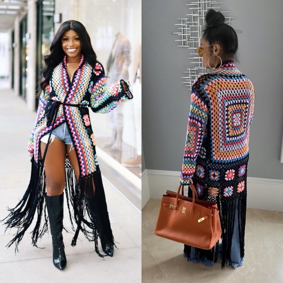 Out Of Office Black Granny Square Fringe Crochet Cardigan - Picture 8 of 8